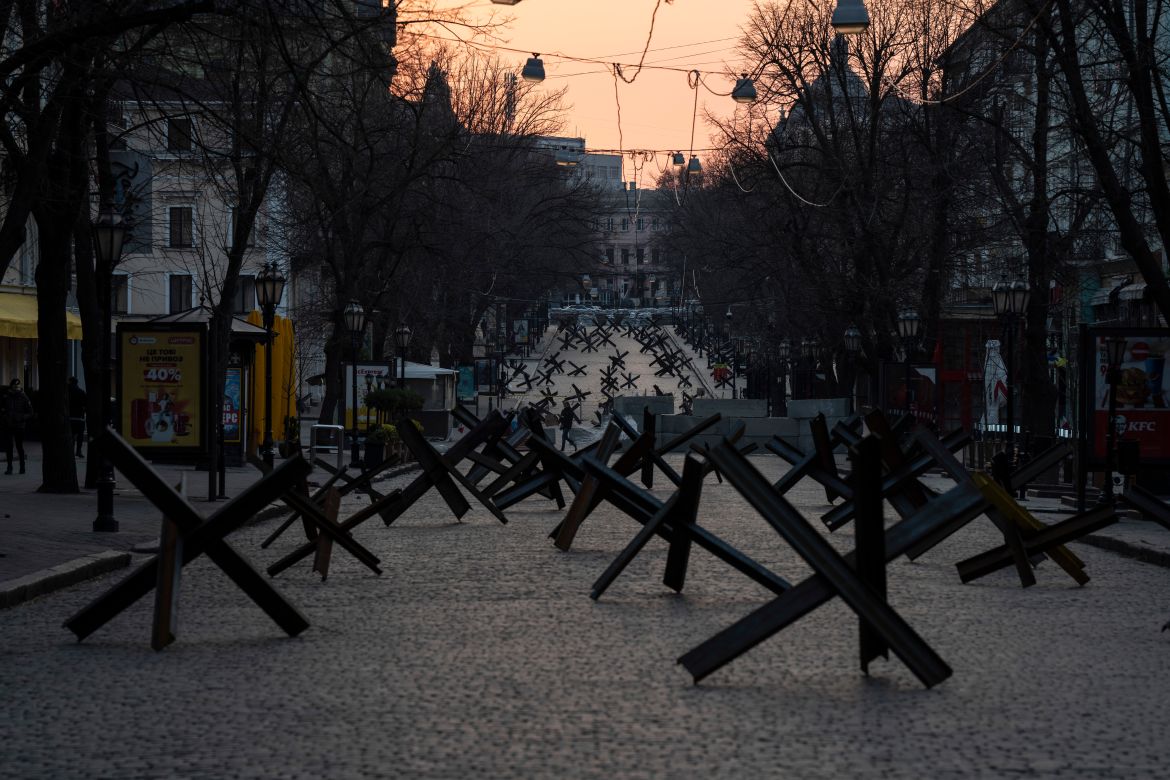 Anti- tank barricades are placed on a street as preparation for a possible Russian offensive, in Odesa, Ukraine