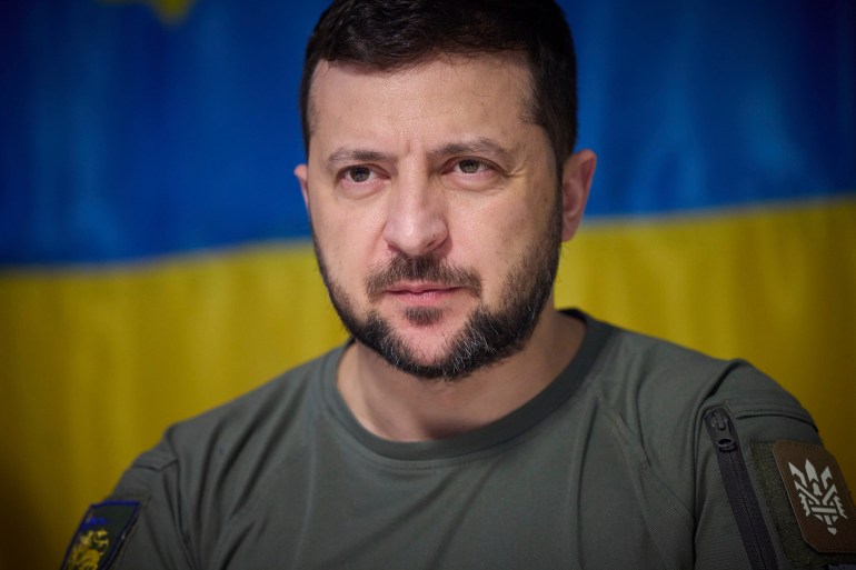 Ukrainian President Volodymyr Zelenskyy, attends a meeting with military officials during his visit to the war-hit Dnipropetrovsk region, Ukraine.