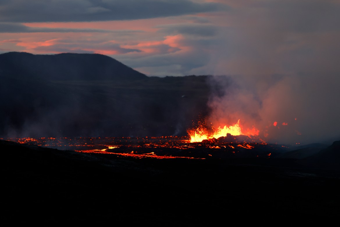 Lava spews from Fagradalsfjall volcano