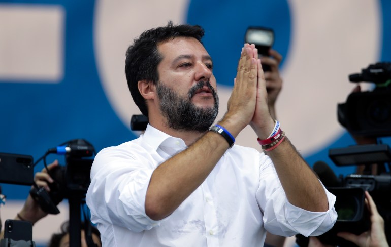 Leader of The League party, Matteo Salvini, speaks at a party's rally 