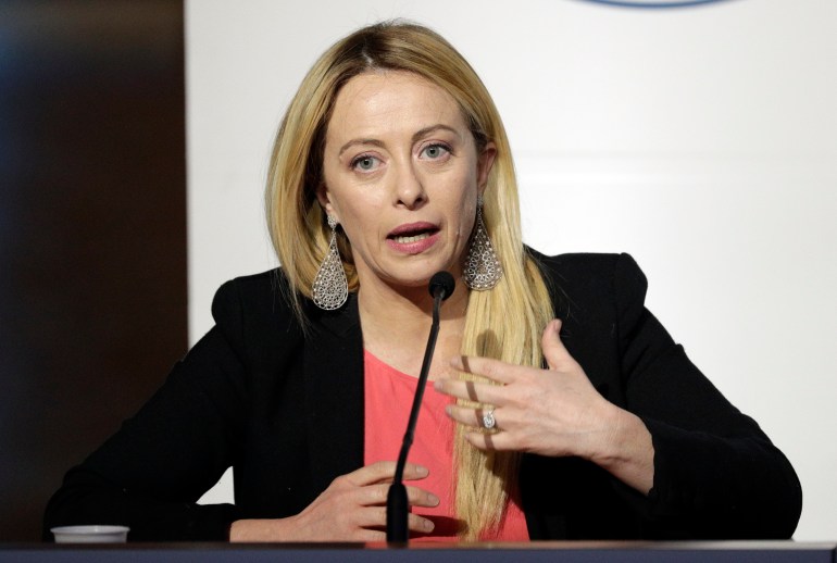 Giorgia Meloni speaks at a news conference