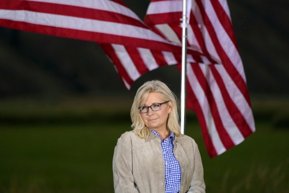 Liz Cheney stands in front of US flags in a Wyoming field as she cedes the primary race.