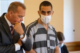 Hadi Matar (right), 24, appears during an August 18 arraignment hearing in the Chautauqua County Courthouse in Mayville, New York, the United States [Joshua Bessex/AP Photo]