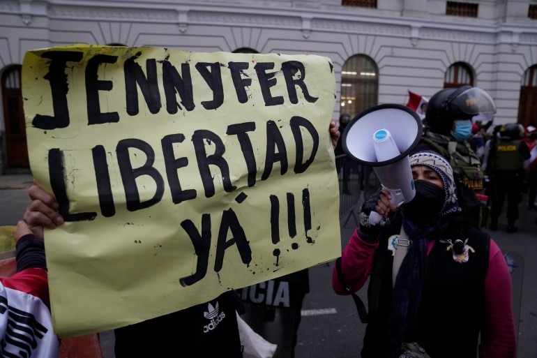 Demonstrators gather outside a court building to show support for Yenifer Paredes, the sister-in-law of Peru´s President Pedro Castillo, in Lima, Peru.