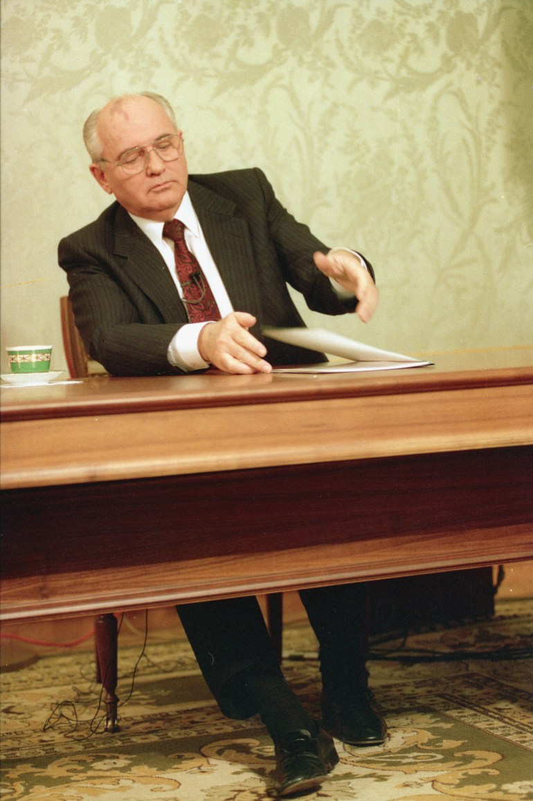 Gorbachev, eighth and final leader of the Soviet Union, closes his resignation speech on the table after delivering it on television in the Kremlin, Moscow, Russia on Wednesday, Dec. 25, 1991.