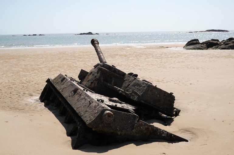 An American-made Taiwanese tank abandoned in the sand of a beach on the South coast of Kinmen