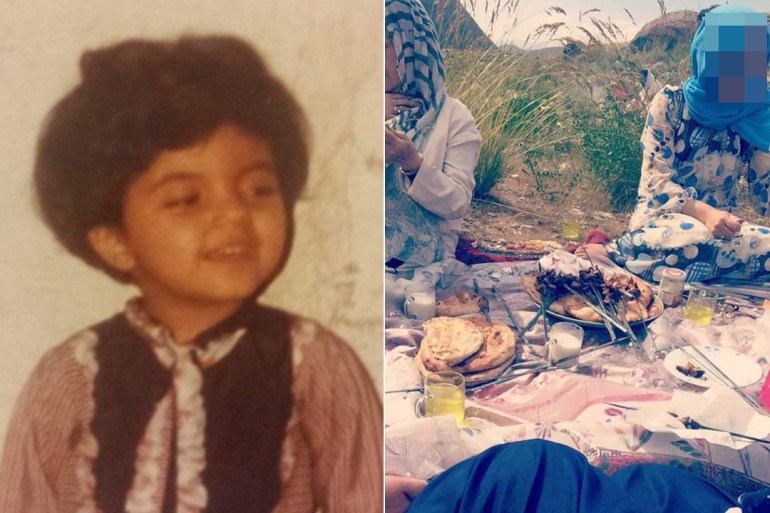 A composite photo of a smiling toddler on the right and two women eating kebab and naan on a picnic blanket on the right