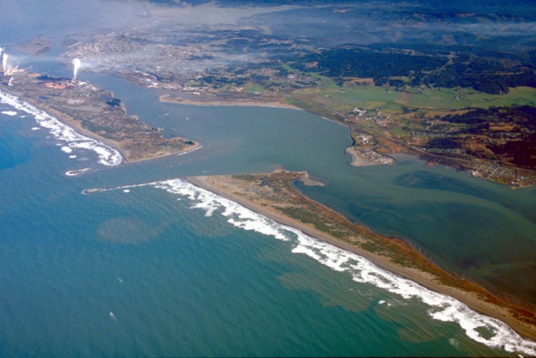 A photo of aerial view of Humboldt Bay and the city of Eureka in Humboldt County, California in the United States of America.