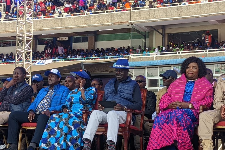 Raila Odinga flanked by other members of Azimio la Umoja Coalition