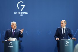 Palestinian President Mahmoud Abbas in Berlin alongside German Chancellor Olaf Schultz on August 16. Abbas accused Israel of carrying out &#39;50 Holocausts&#39; against the Palestinian people [Reuters]