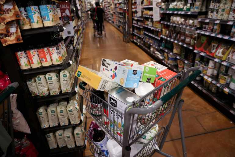 A shopping cart is seen in a supermarket as inflation affected consumer prices in Manhattan, New York City, U.S.