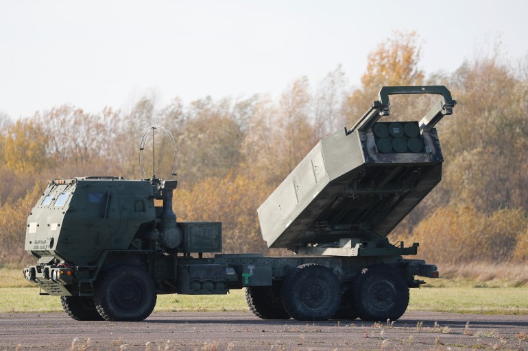 epa09545432 A view of a US High Mobility Artillery Rocket System (HIMARS) during a landing exercise at Spilva airfield in Riga, Latvia, 25 October 2021. The US Air Force special operation aircraft MC-130J Commando II took part in a landing exercise demonstrating the rapid delivery and deployment of US Army High Mobility Artillery Rocket System (HIMARS). The aim of the exercise is to demonstrate the collective defense capabilities and the ability of the Allies to quickly deliver fire support capabilities to Latvia, providing support to the National Armed Forces in national defense. 