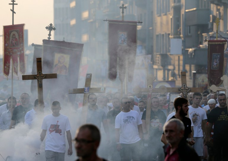 Demonstrators march during a protest against the international gay EuroPride event in Belgrade