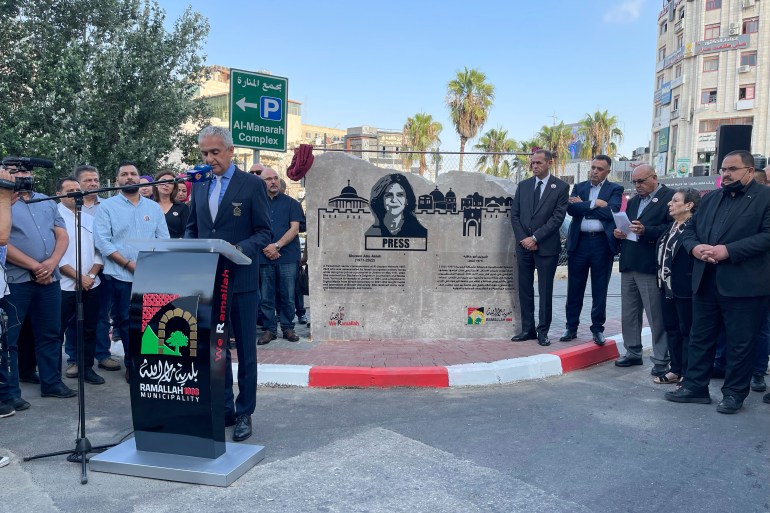 Ramallah's mayor accompanied by Abu Akleh's family and Al-Jazeera unveiled a stone-memorial that has the picture of Shireen and key events in her life.