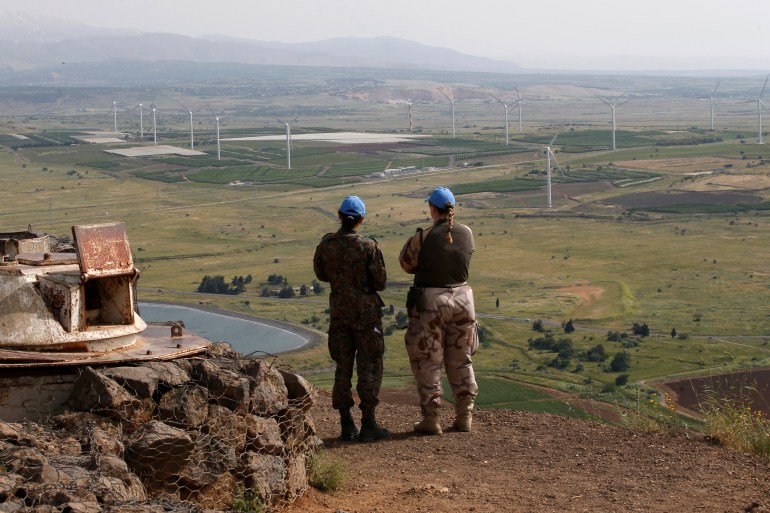 Members of the United Nations Disengagement Observer Force (UNDOF) monitoring the Syrian side of the border with Israel, following an Israeli air strike on central Syria.
