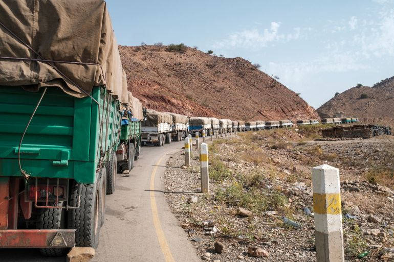 A convoy of trucks part of the World Food Programme (WFP) on their way to Tigray are seen in the village of Erebti, Ethiopia, on June 9, 2022. - The Afar region, the only passageway for humanitarian convoys bound for Tigray, is itself facing a serious food crisis, due to the combined effects of the conflict in northern Ethiopia and the drought in the Horn of Africa which have notably caused numerous population displacements. More than a million people need food aid in the region according to the World Food Programme. (Photo by EDUARDO SOTERAS / AFP)