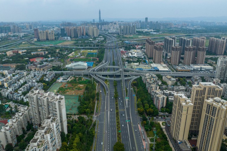 This aerial photo taken on September 1, 2022 shows nearly empty roads amid restrictions due to an outbreak of the Covid-19 coronavirus in Chengdu, in China's southwestern Sichuan province. (Photo by CNS / AFP) / China OUT