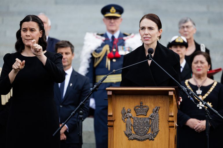 New Zealand's Prime Minister Jacinda Ardern speaks during a Proclamation of Accession ceremony for Britain's King Charles III at the Parliament in Wellington on September 11, 2022