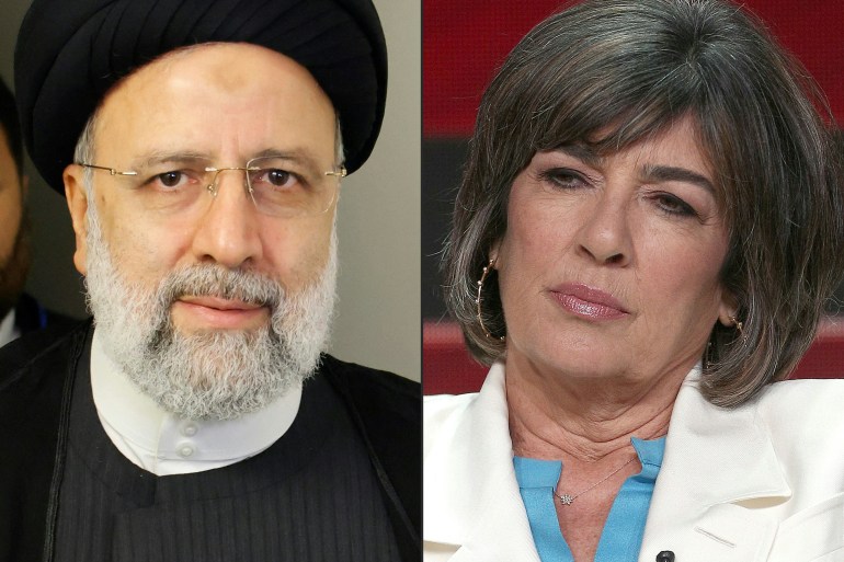 (COMBO) This combination of pictures created on September 22, 2022 shows Iranian President Ebrahim Raisi at the UN headquarters in New York City on September 20, 2022 and Christiane Amanpour at the Beverly Hilton Hotel, on July 30, 2018 in Beverly Hills, California. - Veteran journalist Christiane Amanpour said September 22, 2022 that an interview with Iranian President Ebrahim Raisi was scrapped after he insisted she wear a headscarf, the focus of major protests in the cleric-run state. (Photo by Ludovic MARIN and Frederick M. Brown / various sources / AFP)