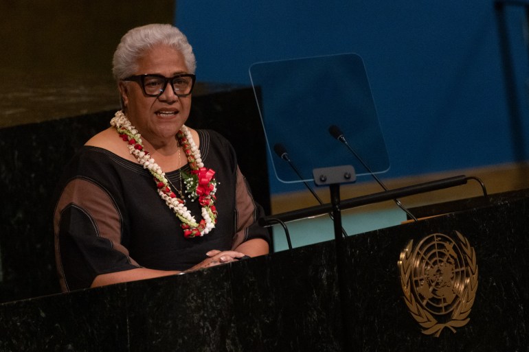 Samoa's Prime Minister Fiame Naomi Mataafa addresses the 77th session of the United Nations General Assembly in New York