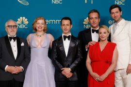The cast of Emmy-winning Succession after being named the show was named best drama series
