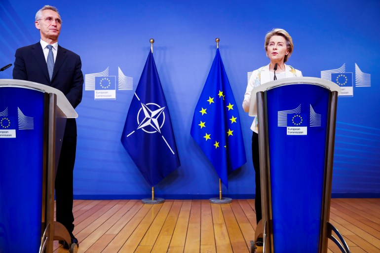 European Commission President Ursula von der Leyen gives a joint statement with NATO Secretary General Jens Stoltenberg