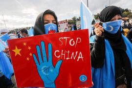 Ethnic Uighur demonstrators take part in a protest against China, in Istanbul, Turkey, October 1, 2021