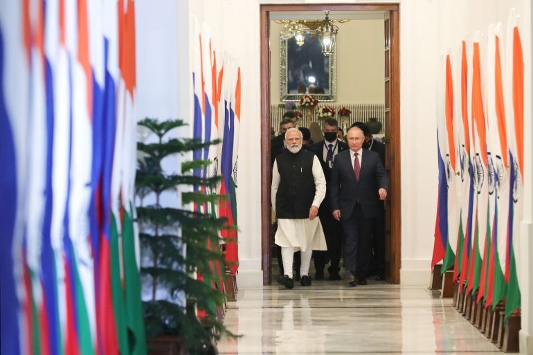 Russia's President Vladimir Putin attends a meeting with India's Prime Minister Narendra Modi in New Delhi, India, December 6, 2021. Sputnik/Mikhail Klimentyev/Kremlin via REUTERS ATTENTION EDITORS - THIS IMAGE WAS PROVIDED BY A THIRD PARTY.