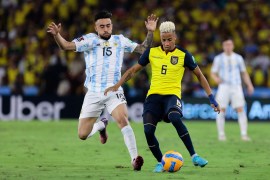 Ecuador's Byron Castillo in action with Argentina's Nicolas Gonzalez