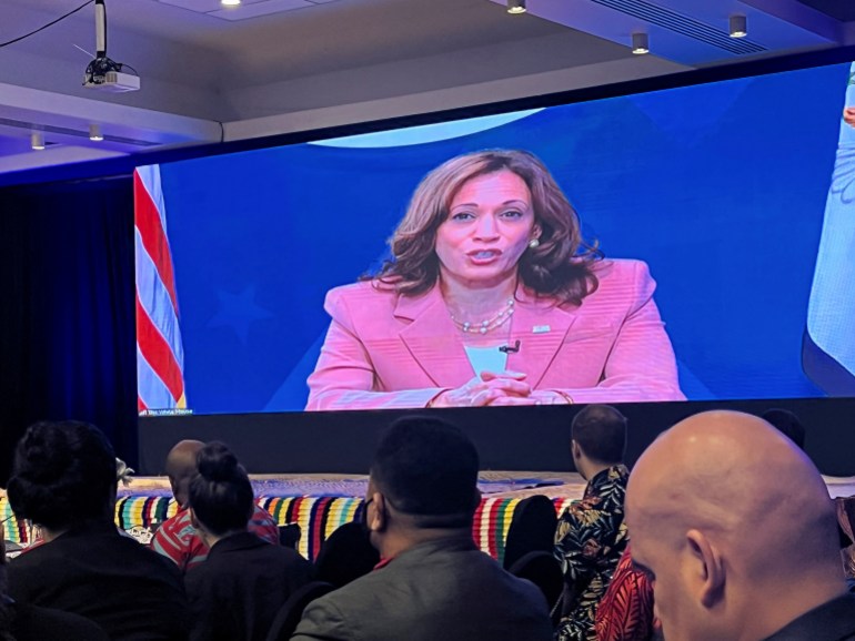 US vice president Kamala Harris speaks remotely via video at the Pacific Islands Forum