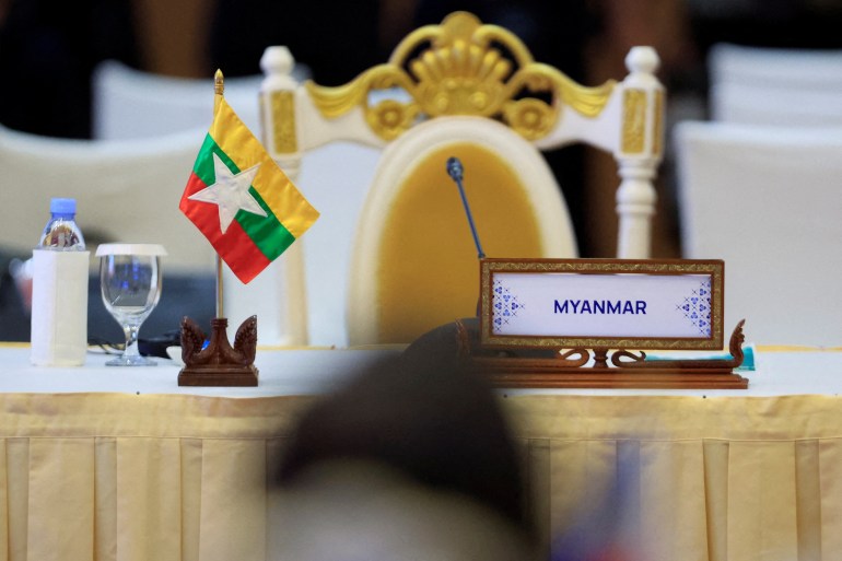 Myanmar's empty and white gold-plated chair at the ASEAN foreign ministers' meeting after the country was excluded from the event.