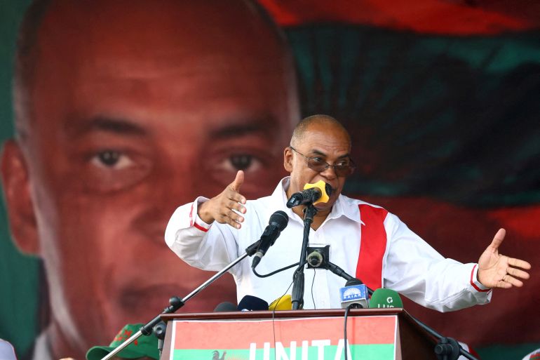 Angolan opposition leader Adalberto Costa Junior speaking at a rally outside the capital Luanda, Angola in August 2022.