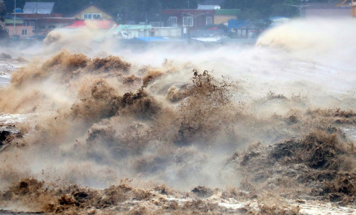 A high wave caused by Typhoon Hinnamnor is pictured in Pohang