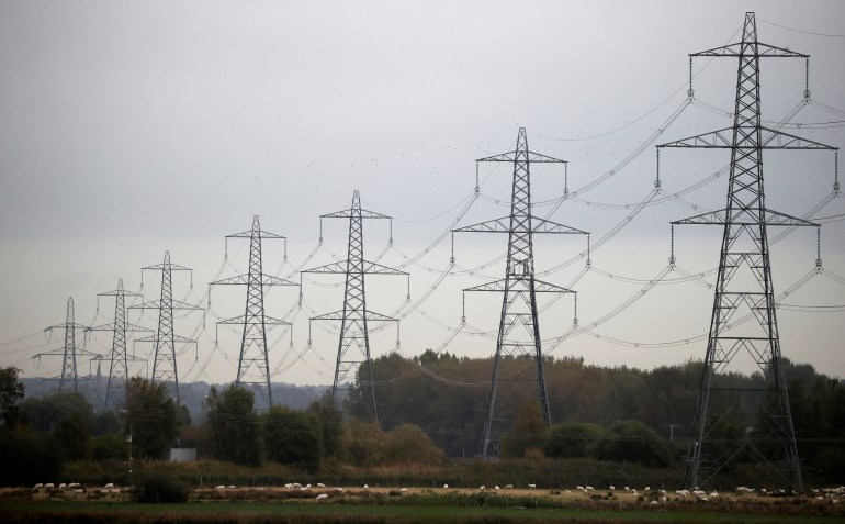 Sheep graze beneath a row of electricity pylons near Ellesmere Port, Britain, October 11, 2021. [Phil Noble/Reuters]