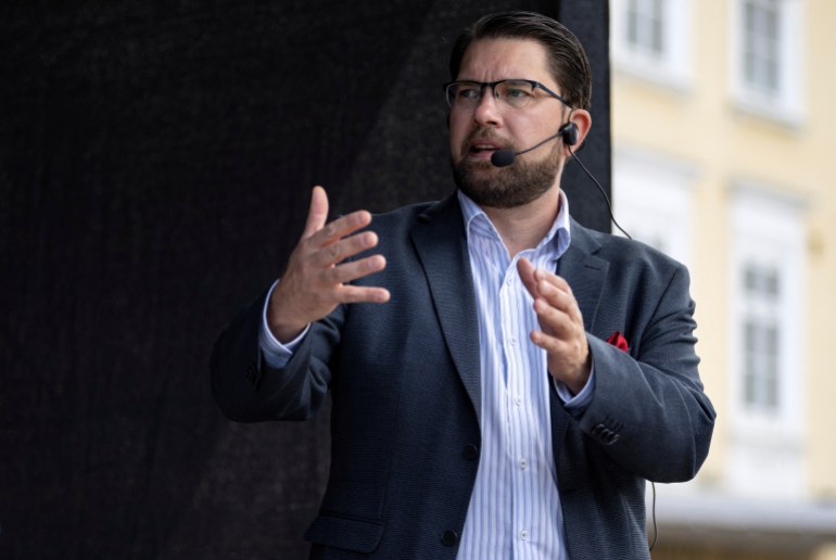 The Sweden Democrats' party leader Jimmie Akesson gestures during his campaign event