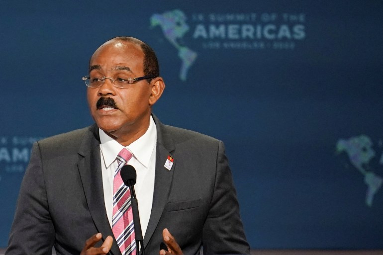 Antigua and Barbuda's Prime Minister Gaston Browne speaks during the Leaders' Second Plenary Session during the Ninth Summit of the Americas in Los Angeles, California, US