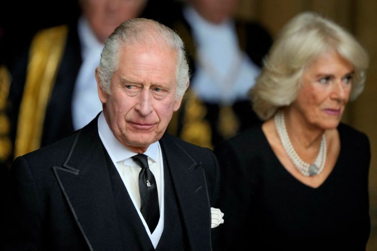 ritain's King Charles and Queen Camilla leave after attending the presentation of addresses by both Houses of Parliament in Westminster Hall, inside the Palace of Westminster, following the death of Britain's Queen Elizabeth, in central London, Britain September 12, 2022. Markus Schreiber/Pool via REUTERS