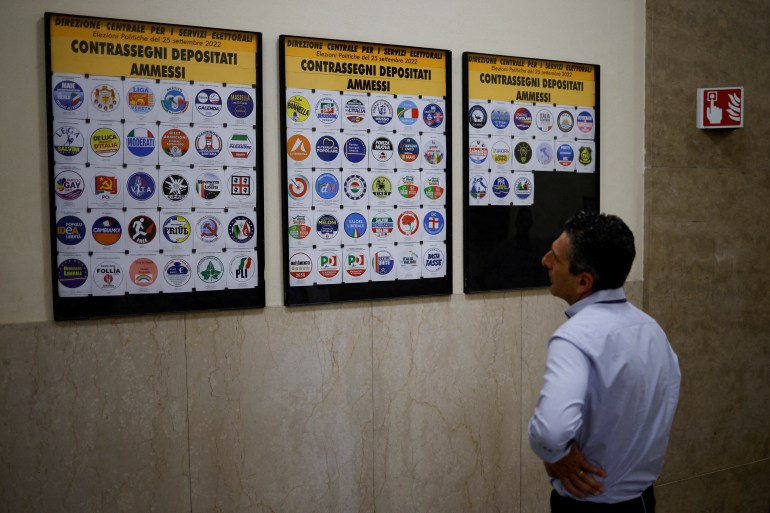 FOTO DE FIȘAR: Un bărbat se uită la simbolurile partidelor politice de pe perete în timp ce Italia va organiza alegeri anticipate pe 25 septembrie, la Roma, Italia,