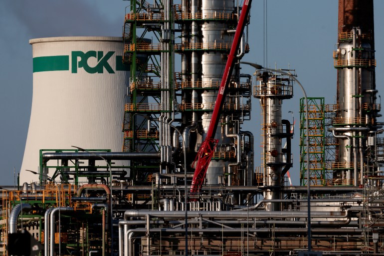 Industrial facilities of the PCK oil refinery are pictured in Schwedt/Oder, Germany