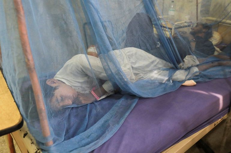 A dengue fever patient lies under a mosquito net in Pakistan