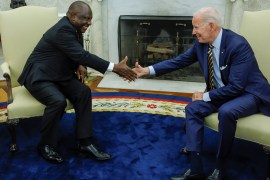 US President Joe Biden greets South Africa&#39;s President Cyril Ramaphosa in Washington in September. South Africa currently is the only African member of the G20 [Evelyn Hockstein/Reuters]
