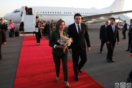 U.S. House of Representatives Speaker Nancy Pelosi is welcomed by Speaker of the National Assembly of Armenia Alen Simonyan upon her arrival in Yerevan, Armenia September 17, 2022.