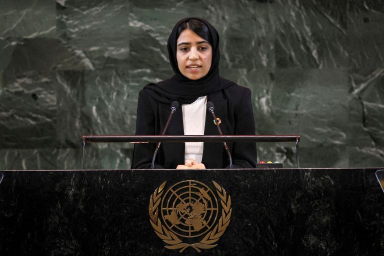 Somaya Faruqi, activist and former captain of the Afghan Girls Robotics Team, speaks during the Transforming Education Summit on the sidelines of the United Nations General Assembly