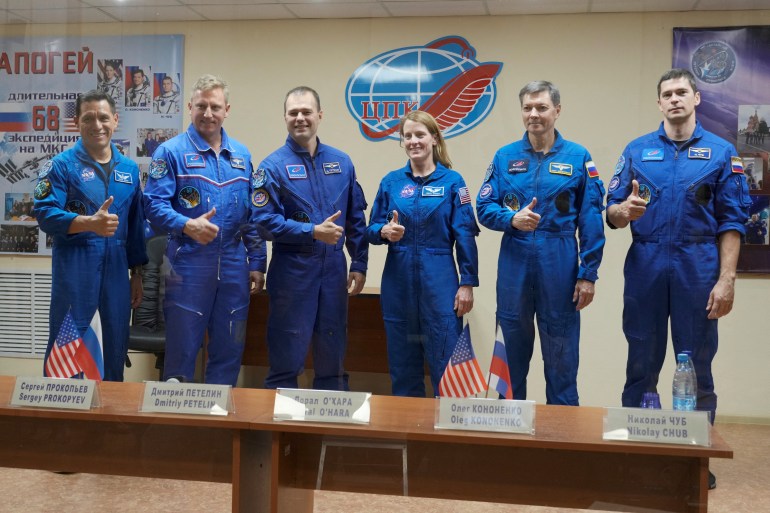 NASA astronaut Frank Rubio, Roscosmos cosmonauts Sergey Prokopyev and Dmitri Petelin