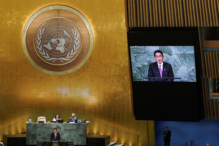 Japanese PM Fumio Kishida addresses the UN General Assembly in New York City.