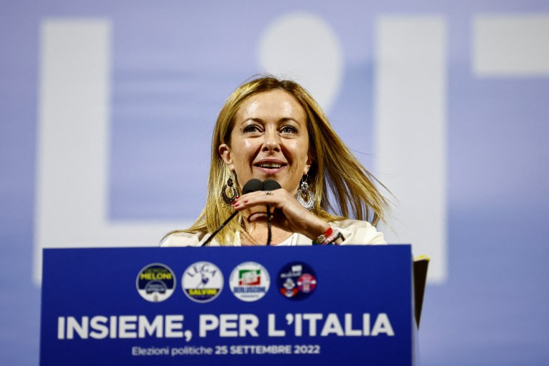 Brothers of Italy leader Giorgia Meloni speaks at the closing electoral campaign rally of the centre-right's coalition in Piazza del Popolo, ahead of the September 25 general election, in Rome, Italy, September 22, 2022.