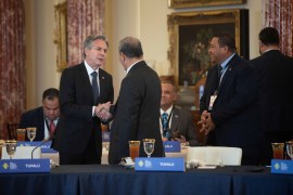 US Secretary of State Antony Blinken gave the Pacific island leaders a warm welcome in Washington, DC. [Kevin Wolf/Pool via Reuters]