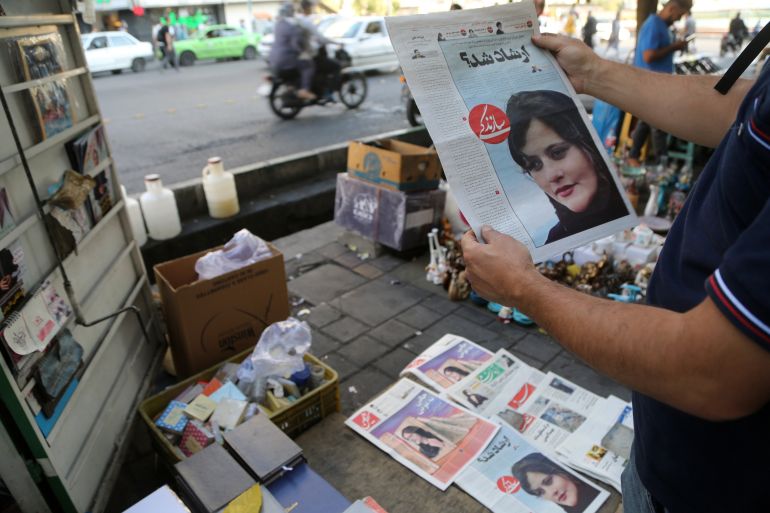 A view of Iranian newspapers with headlines of the death of 22 years old Mahsa Amini.