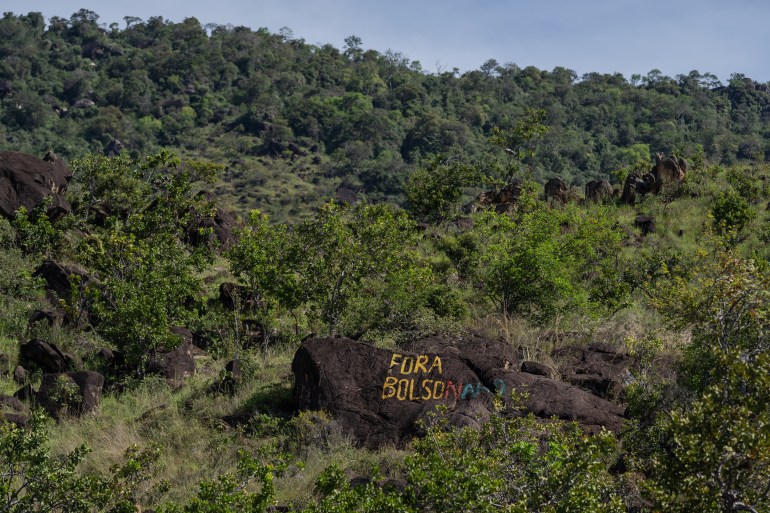 A rock painted with 'Get out Bolsonaro' on Raposa Serra do Sol Indigenous land.
