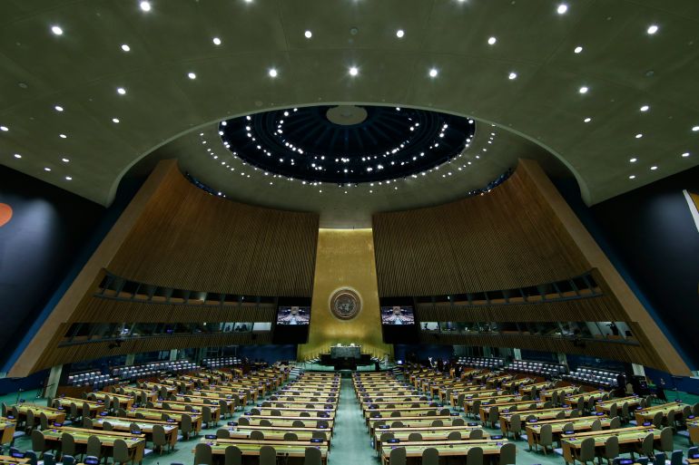 The United Nations General Assembly Hall sits empty before the start of the 76th Session of the General Assembly at U.N. headquarters, Monday, Sept. 20, 2021, in New York. (John Angelillo/Pool via AP)